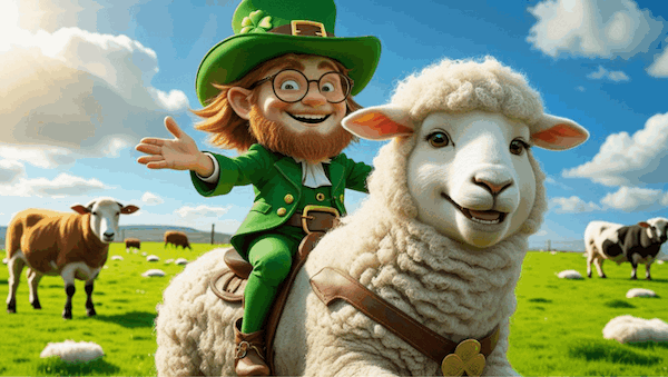 Leprechaun busking in a field on a sheep's back